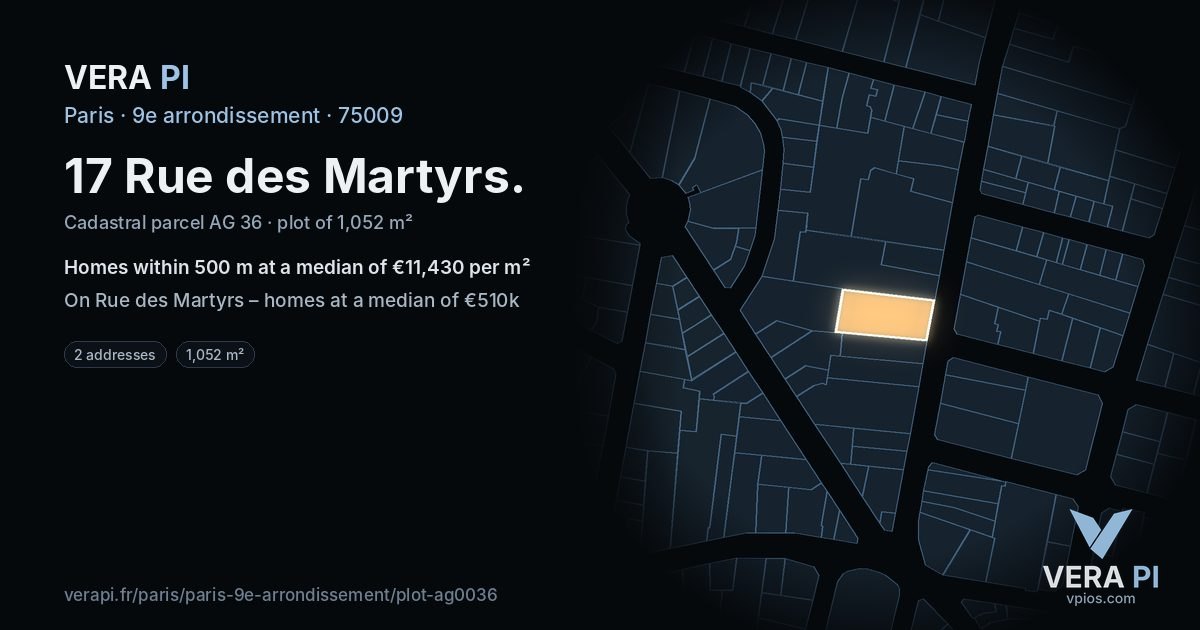 17 Rue des Martyrs, 9e arrondissement at night – the plot lit, the parcels around coloured by the prices near them