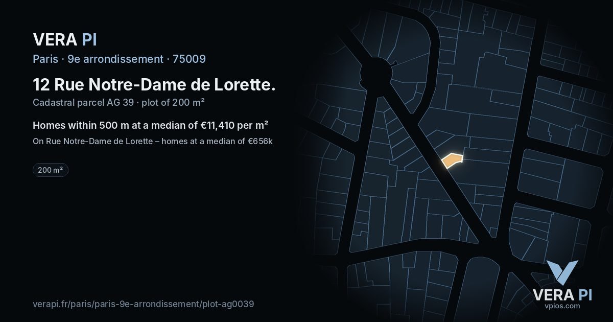 12 Rue Notre-Dame de Lorette, 9e arrondissement at night – the plot lit, the parcels around coloured by the prices near them