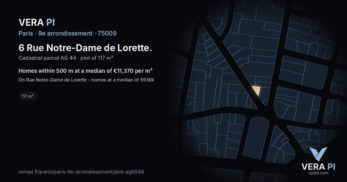 6 Rue Notre-Dame de Lorette, 9e arrondissement at night – the plot lit, the parcels around coloured by the prices near them