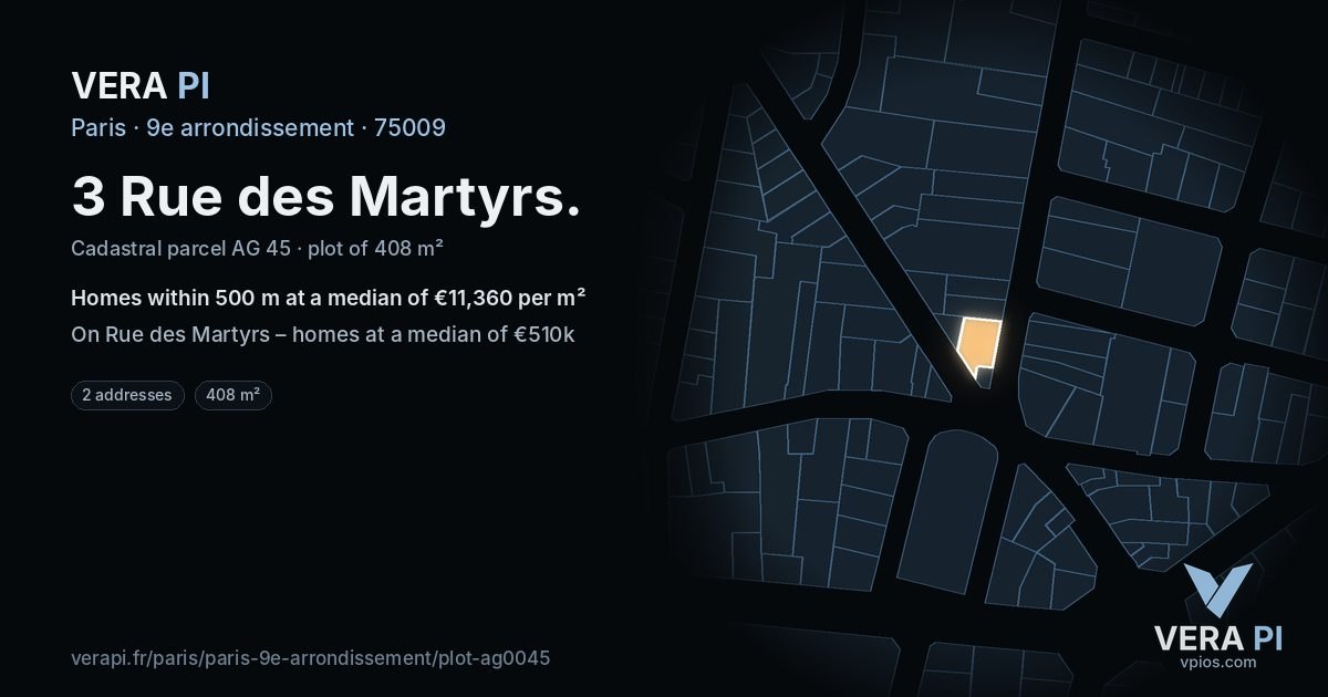 3 Rue des Martyrs, 9e arrondissement at night – the plot lit, the parcels around coloured by the prices near them