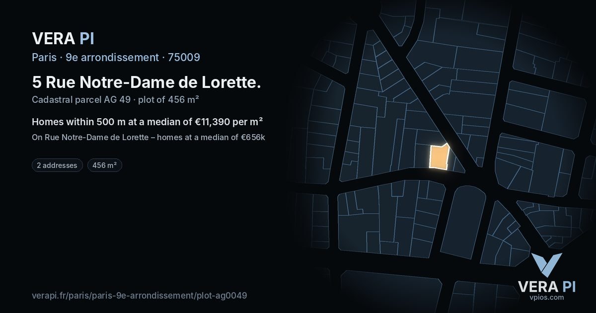 5 Rue Notre-Dame de Lorette, 9e arrondissement at night – the plot lit, the parcels around coloured by the prices near them