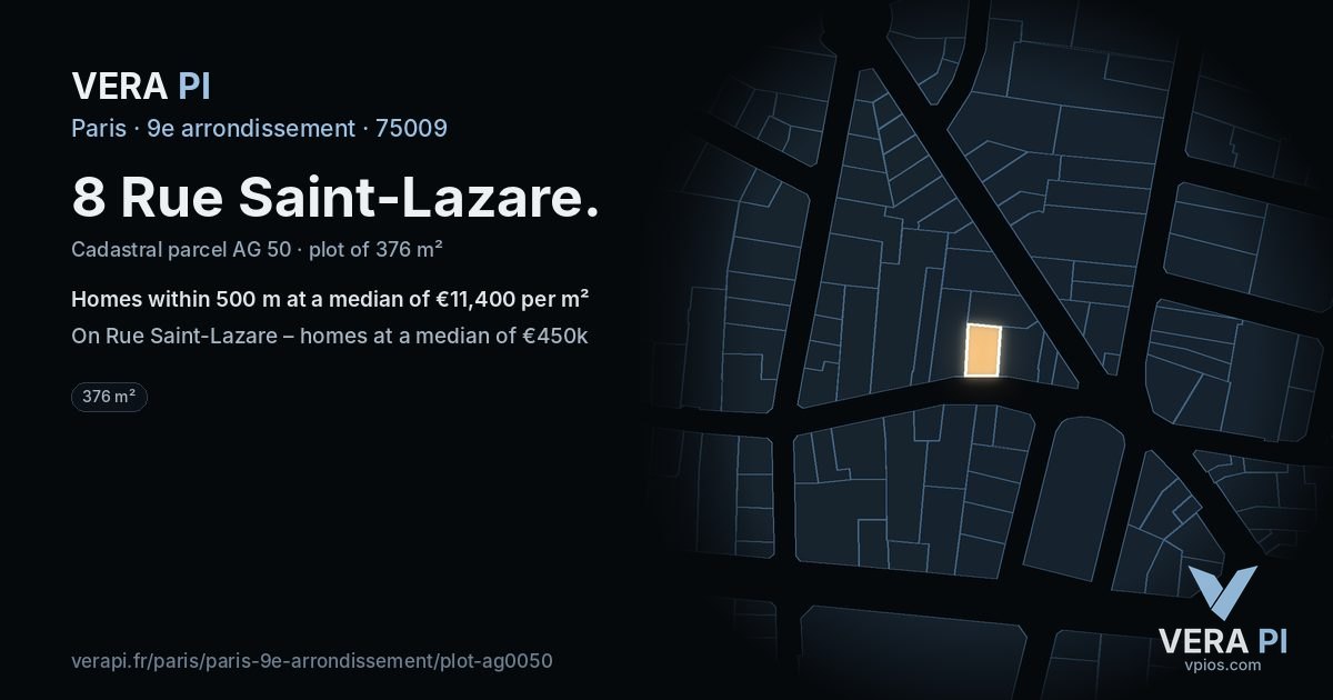 8 Rue Saint-Lazare, 9e arrondissement at night – the plot lit, the parcels around coloured by the prices near them