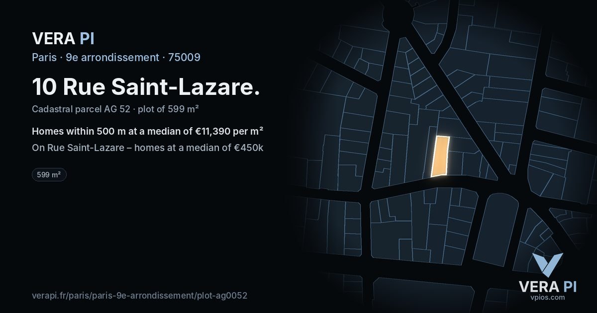 10 Rue Saint-Lazare, 9e arrondissement at night – the plot lit, the parcels around coloured by the prices near them