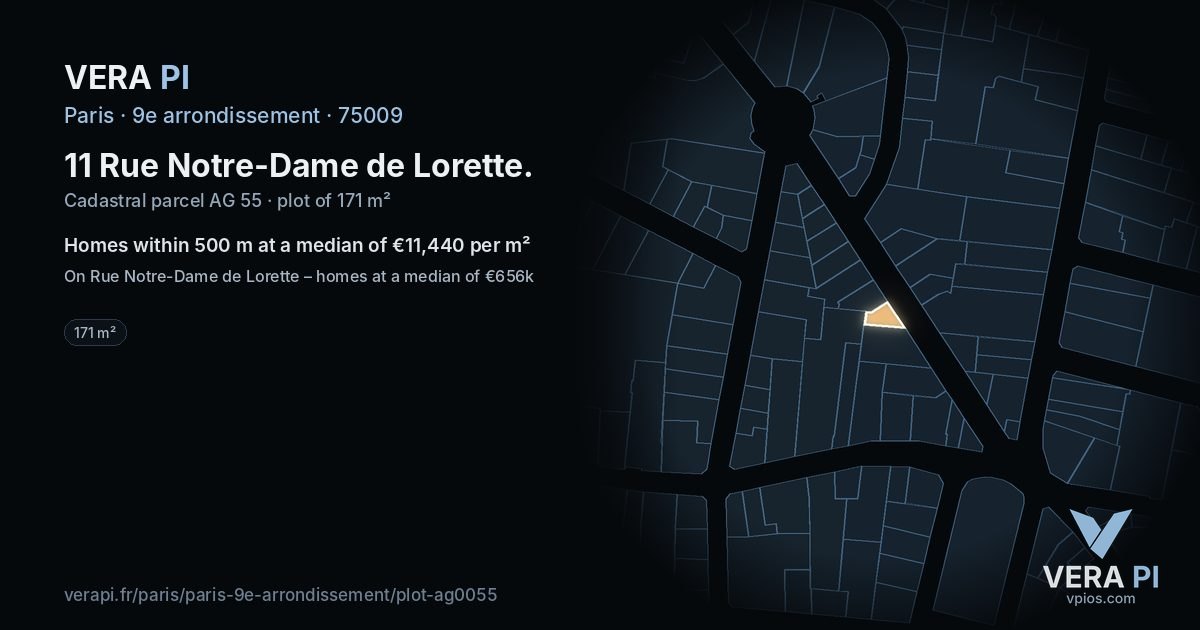 11 Rue Notre-Dame de Lorette, 9e arrondissement at night – the plot lit, the parcels around coloured by the prices near them