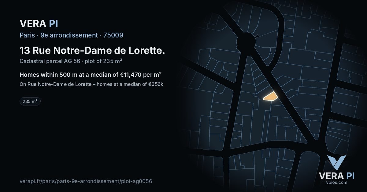 13 Rue Notre-Dame de Lorette, 9e arrondissement at night – the plot lit, the parcels around coloured by the prices near them