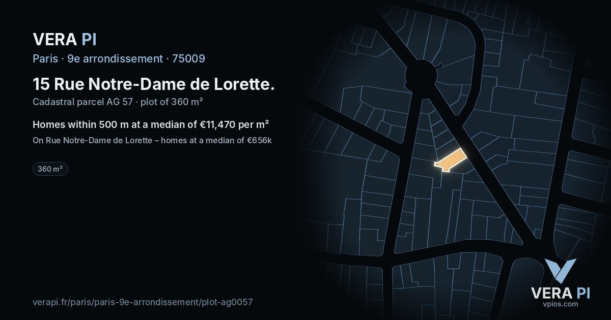 15 Rue Notre-Dame de Lorette, 9e arrondissement at night – the plot lit, the parcels around coloured by the prices near them