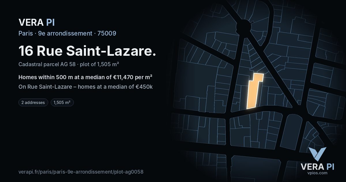16 Rue Saint-Lazare, 9e arrondissement at night – the plot lit, the parcels around coloured by the prices near them
