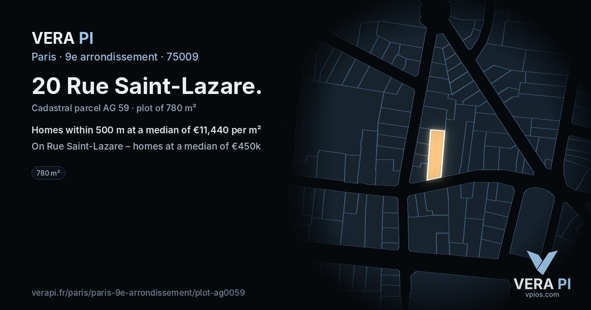 20 Rue Saint-Lazare, 9e arrondissement at night – the plot lit, the parcels around coloured by the prices near them