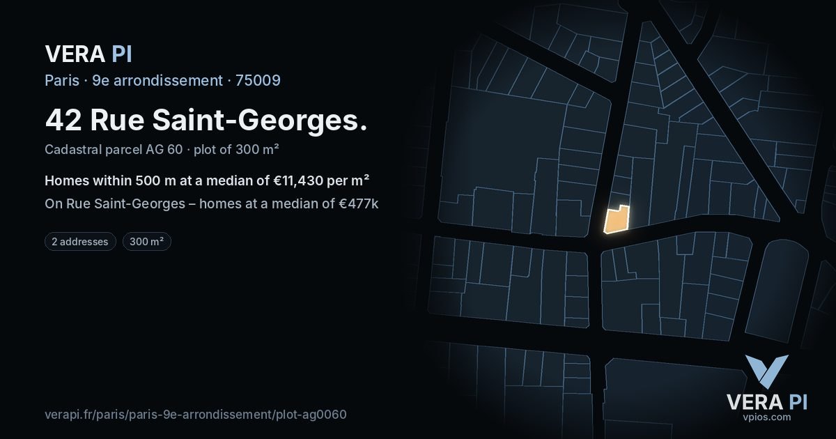 42 Rue Saint-Georges, 9e arrondissement at night – the plot lit, the parcels around coloured by the prices near them