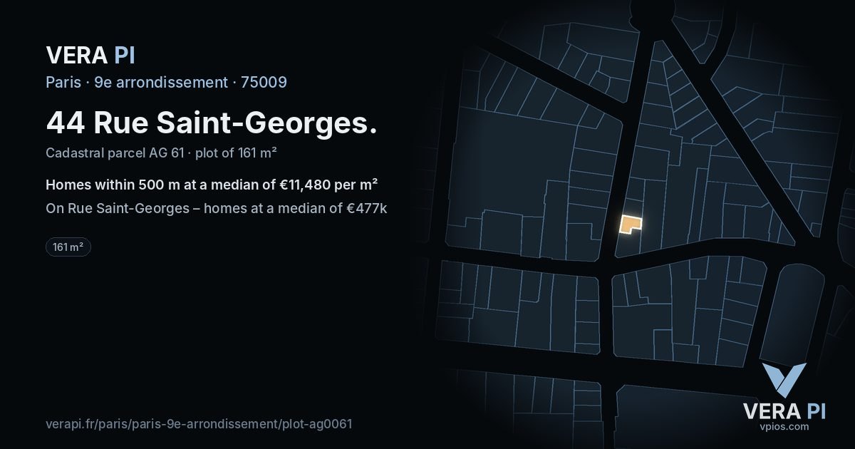 44 Rue Saint-Georges, 9e arrondissement at night – the plot lit, the parcels around coloured by the prices near them