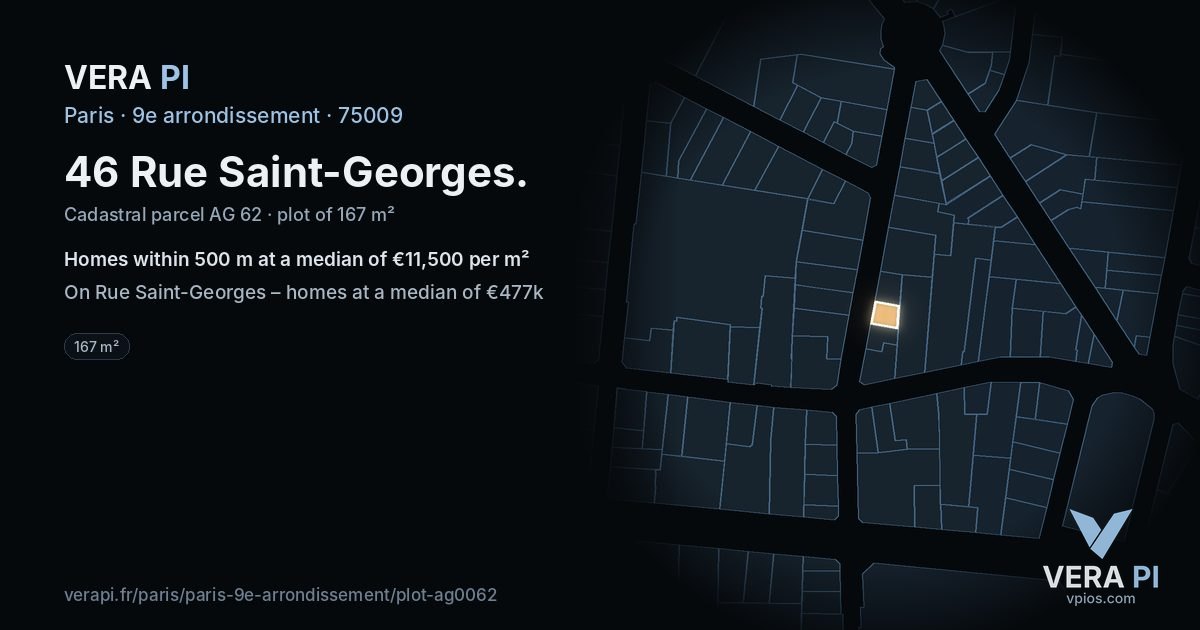 46 Rue Saint-Georges, 9e arrondissement at night – the plot lit, the parcels around coloured by the prices near them