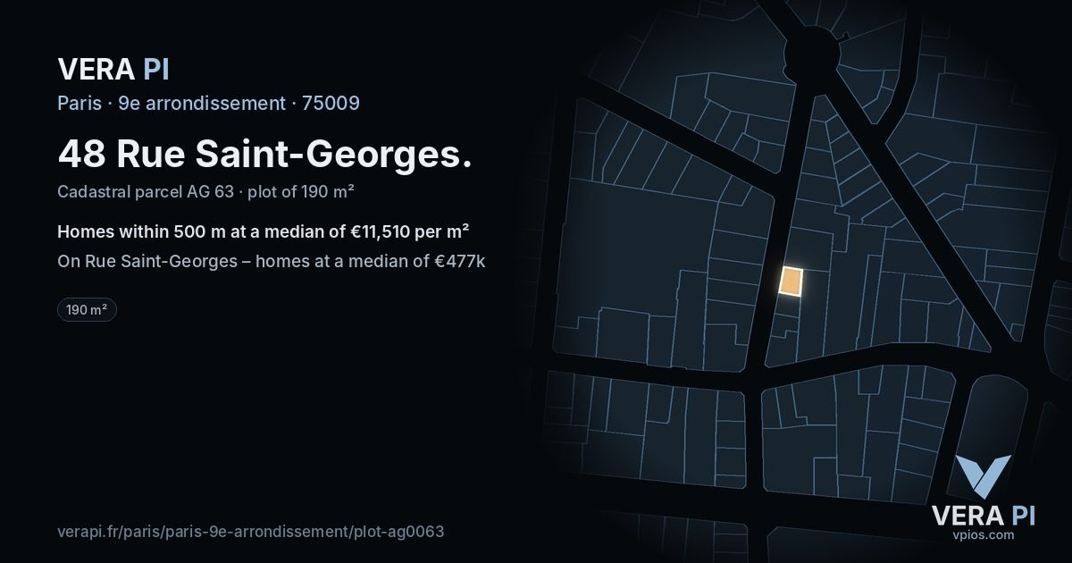 48 Rue Saint-Georges, 9e arrondissement at night – the plot lit, the parcels around coloured by the prices near them