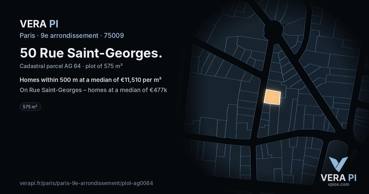 50 Rue Saint-Georges, 9e arrondissement at night – the plot lit, the parcels around coloured by the prices near them