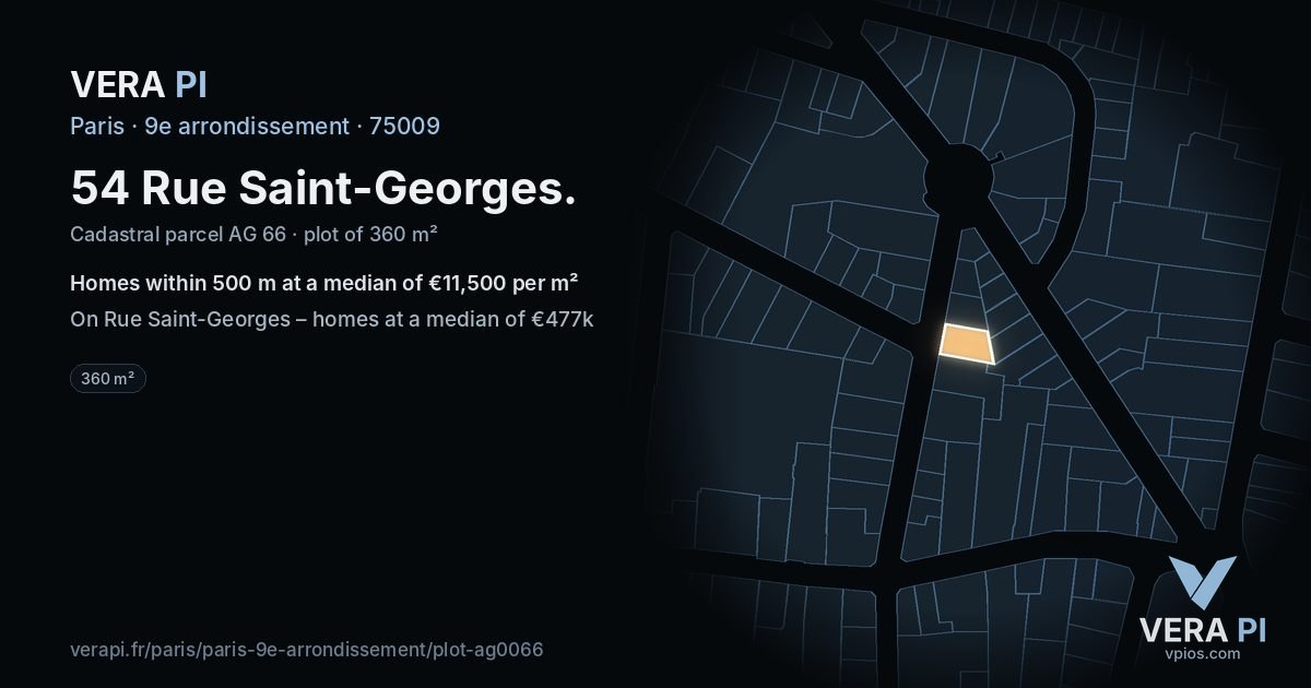 54 Rue Saint-Georges, 9e arrondissement at night – the plot lit, the parcels around coloured by the prices near them