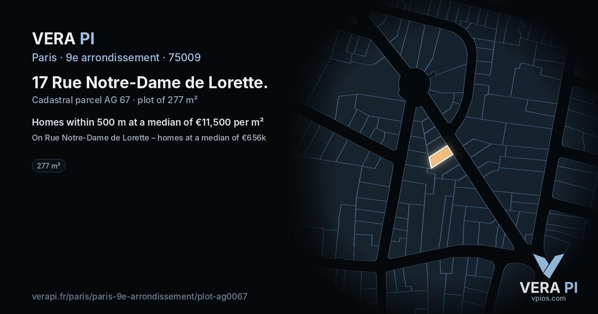 17 Rue Notre-Dame de Lorette, 9e arrondissement at night – the plot lit, the parcels around coloured by the prices near them