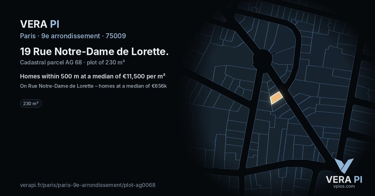 19 Rue Notre-Dame de Lorette, 9e arrondissement at night – the plot lit, the parcels around coloured by the prices near them