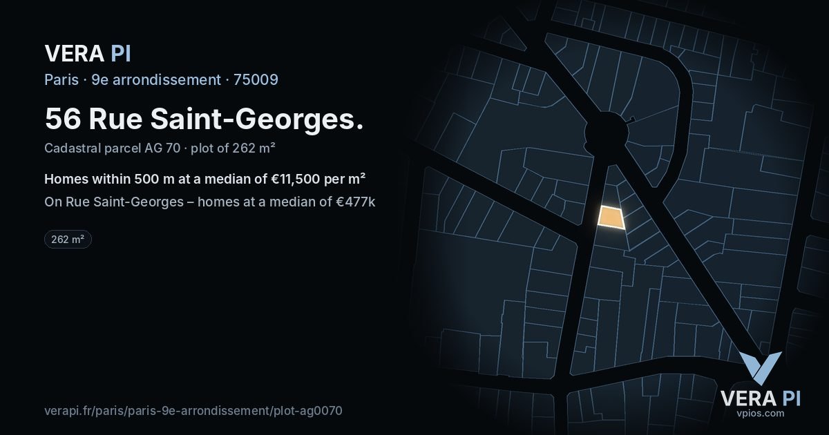 56 Rue Saint-Georges, 9e arrondissement at night – the plot lit, the parcels around coloured by the prices near them