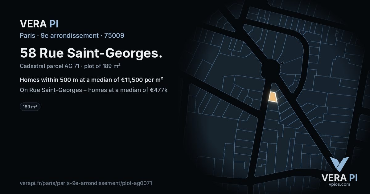 58 Rue Saint-Georges, 9e arrondissement at night – the plot lit, the parcels around coloured by the prices near them