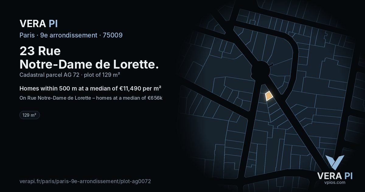 23 Rue Notre-Dame de Lorette, 9e arrondissement at night – the plot lit, the parcels around coloured by the prices near them