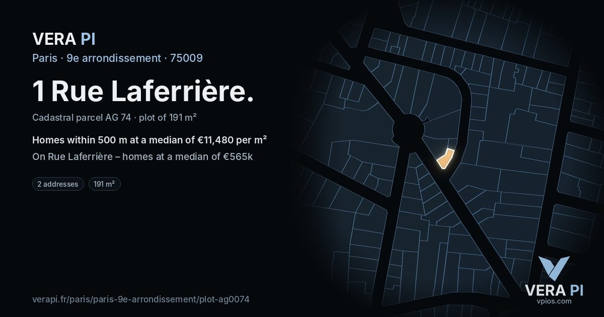 1 Rue Laferrière, 9e arrondissement at night – the plot lit, the parcels around coloured by the prices near them