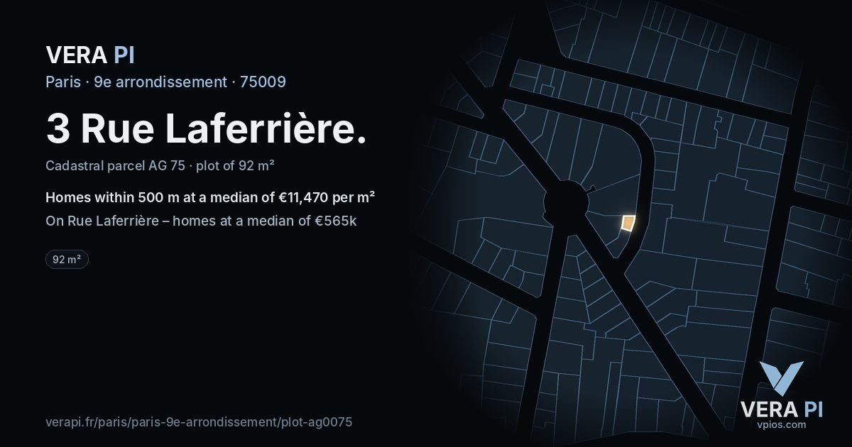 3 Rue Laferrière, 9e arrondissement at night – the plot lit, the parcels around coloured by the prices near them