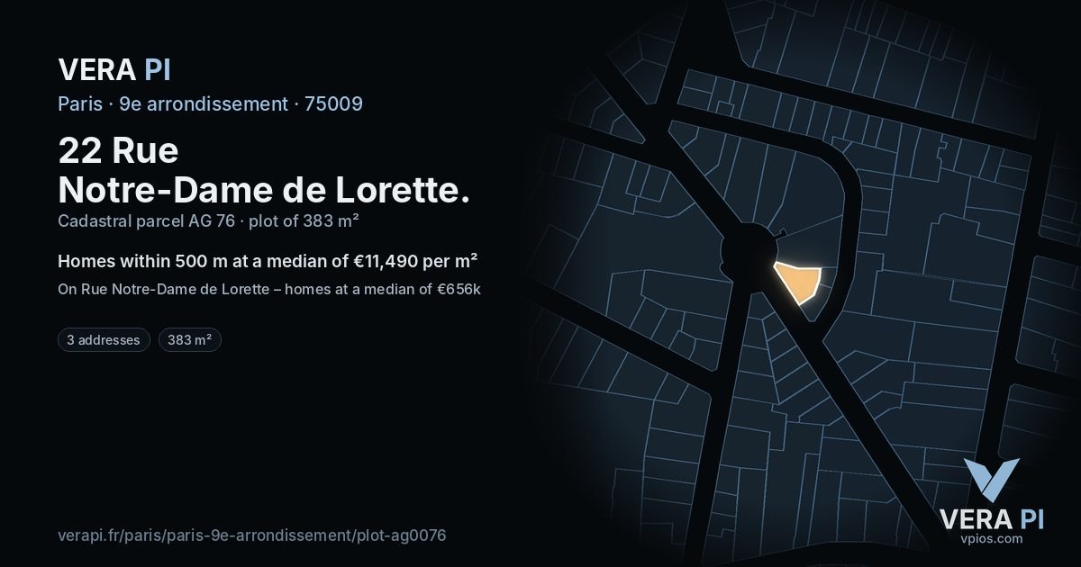 22 Rue Notre-Dame de Lorette, 9e arrondissement at night – the plot lit, the parcels around coloured by the prices near them