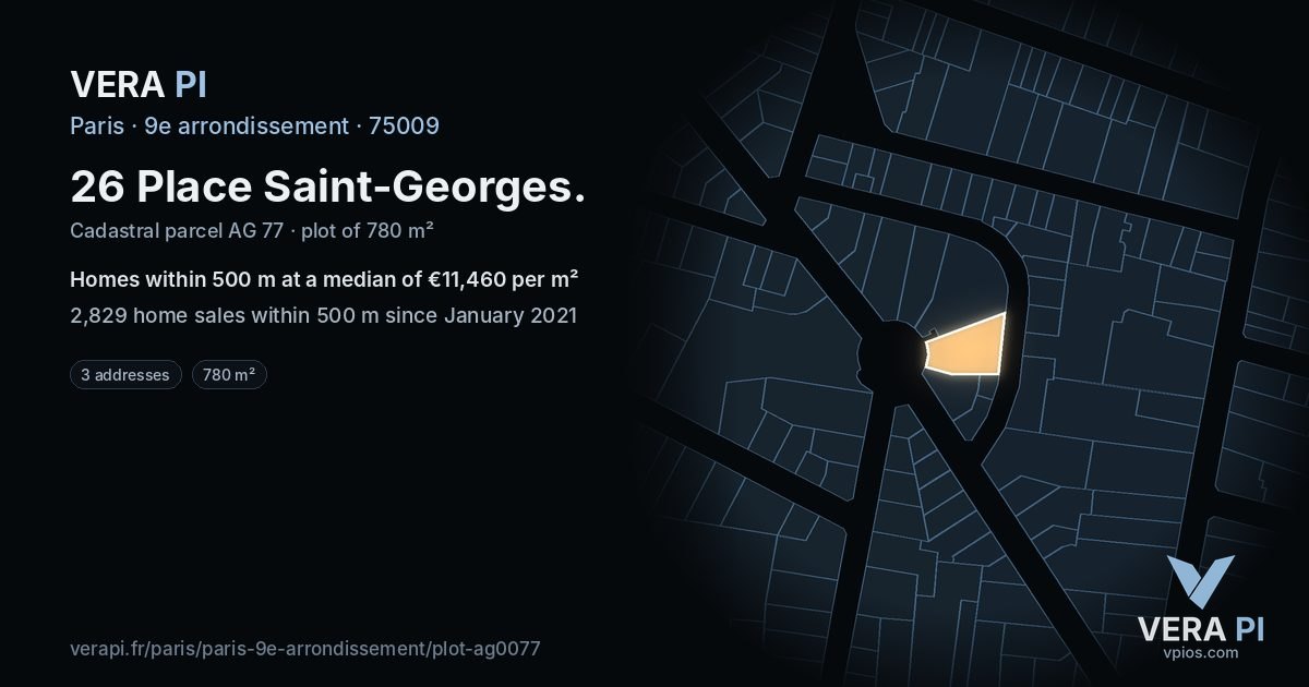 26 Place Saint-Georges, 9e arrondissement at night – the plot lit, the parcels around coloured by the prices near them