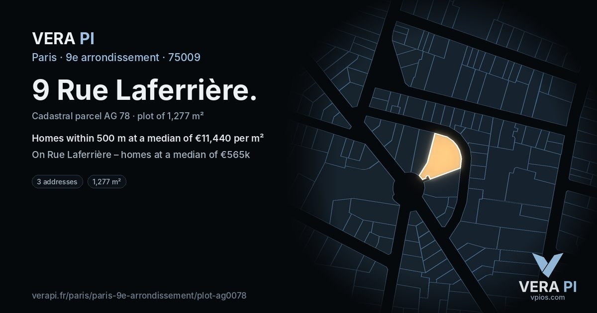 9 Rue Laferrière, 9e arrondissement at night – the plot lit, the parcels around coloured by the prices near them