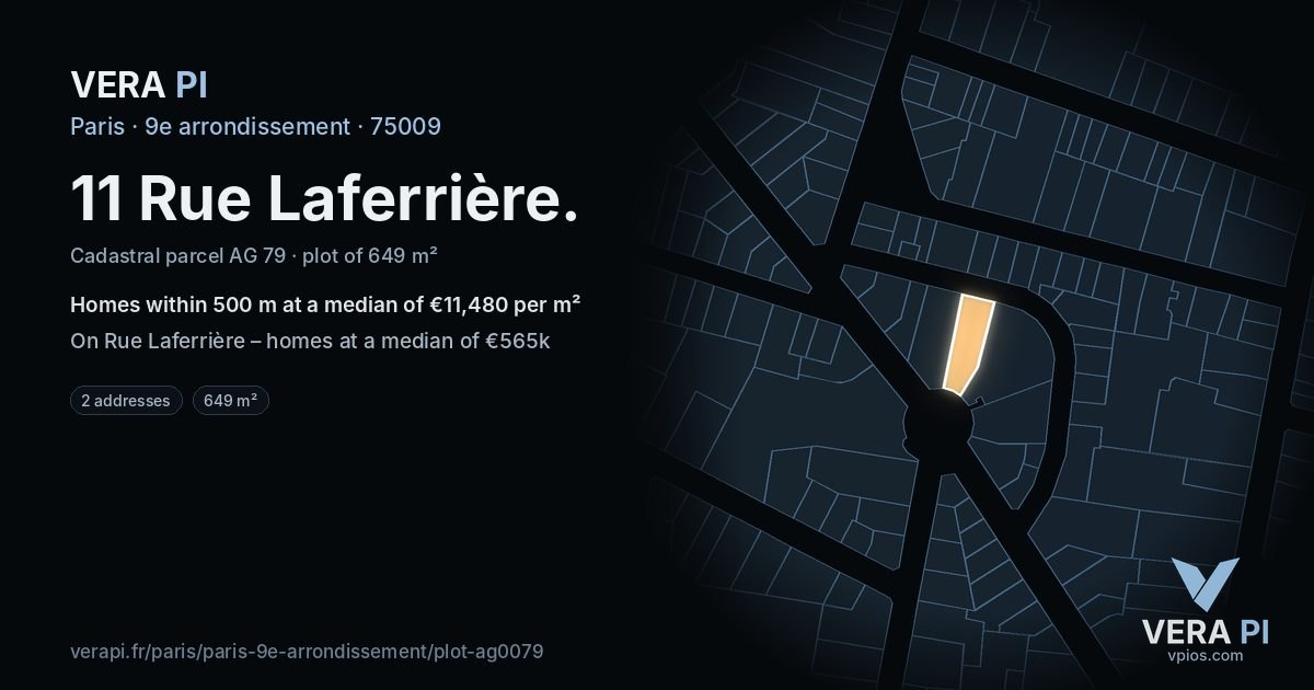 11 Rue Laferrière, 9e arrondissement at night – the plot lit, the parcels around coloured by the prices near them