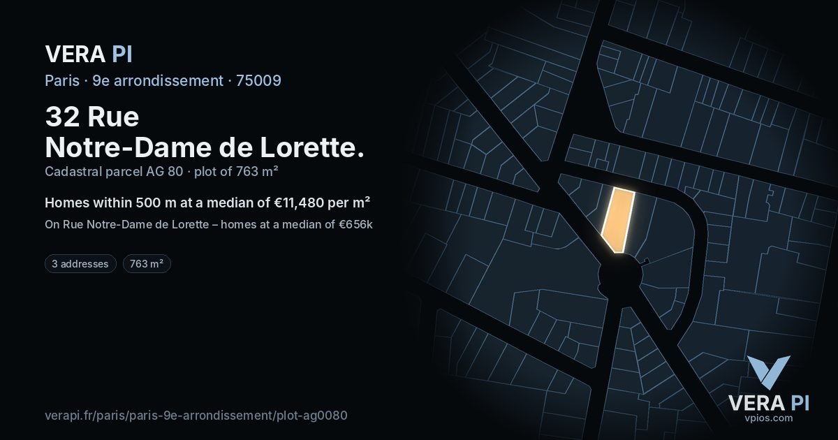 32 Rue Notre-Dame de Lorette, 9e arrondissement at night – the plot lit, the parcels around coloured by the prices near them