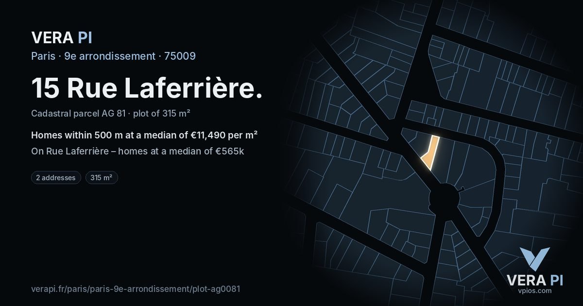 15 Rue Laferrière, 9e arrondissement at night – the plot lit, the parcels around coloured by the prices near them