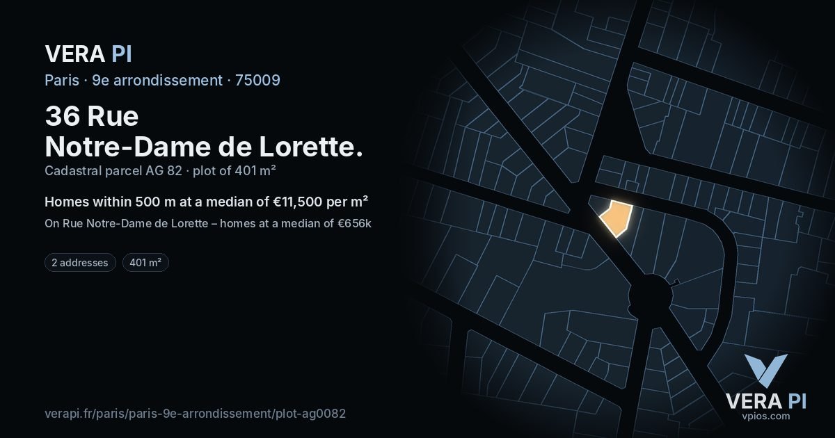 36 Rue Notre-Dame de Lorette, 9e arrondissement at night – the plot lit, the parcels around coloured by the prices near them
