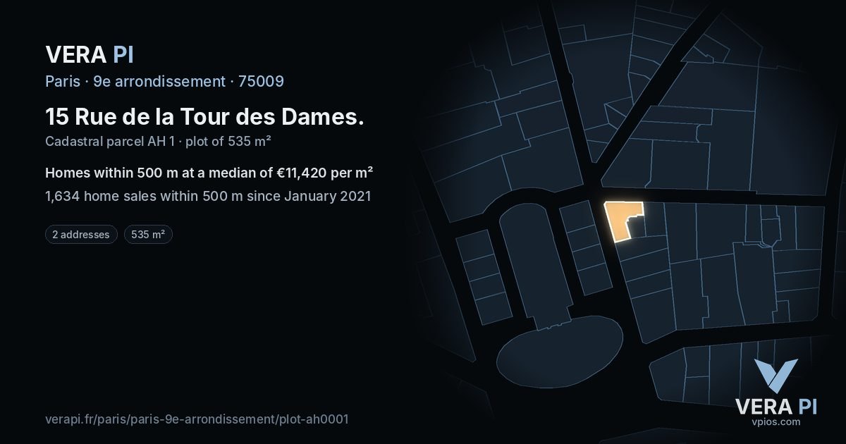 15 Rue de la Tour des Dames, 9e arrondissement at night – the plot lit, the parcels around coloured by the prices near them