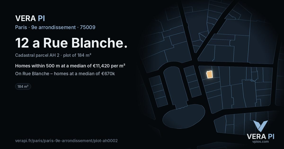 12 a Rue Blanche, 9e arrondissement at night – the plot lit, the parcels around coloured by the prices near them