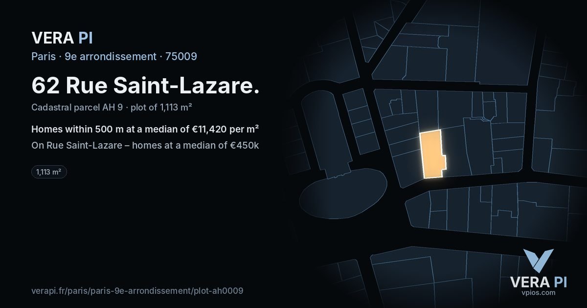 62 Rue Saint-Lazare, 9e arrondissement at night – the plot lit, the parcels around coloured by the prices near them