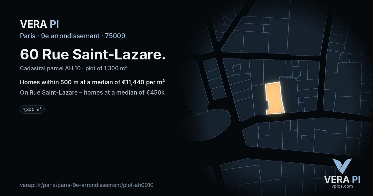 60 Rue Saint-Lazare, 9e arrondissement at night – the plot lit, the parcels around coloured by the prices near them