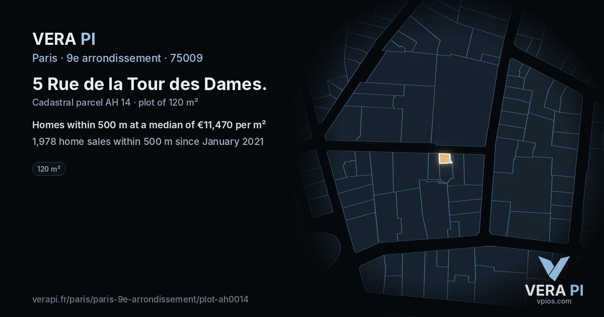 5 Rue de la Tour des Dames, 9e arrondissement at night – the plot lit, the parcels around coloured by the prices near them