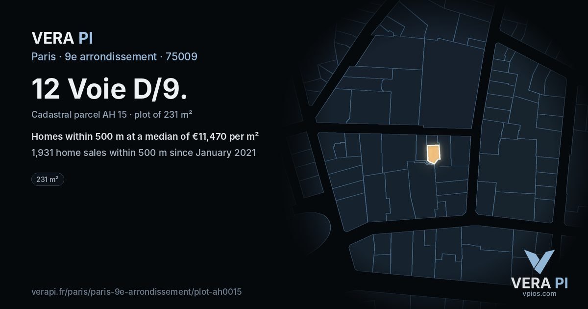 12 Voie D/9, 9e arrondissement at night – the plot lit, the parcels around coloured by the prices near them