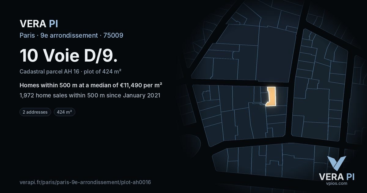 10 Voie D/9, 9e arrondissement at night – the plot lit, the parcels around coloured by the prices near them