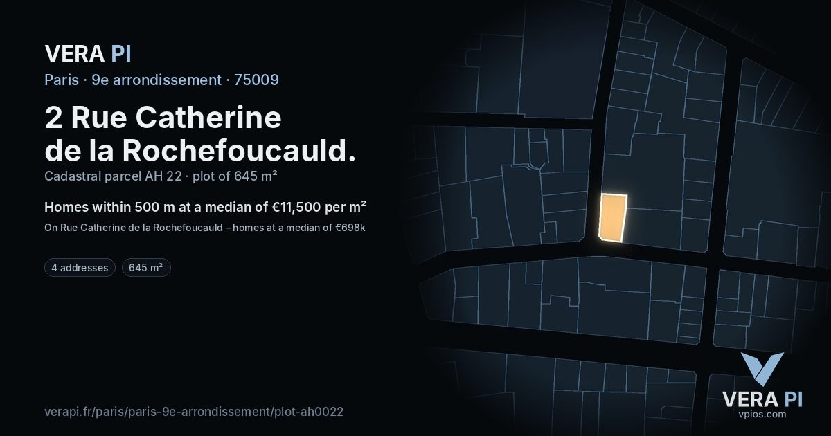 2 Rue Catherine de la Rochefoucauld, 9e arrondissement at night – the plot lit, the parcels around coloured by the prices near them