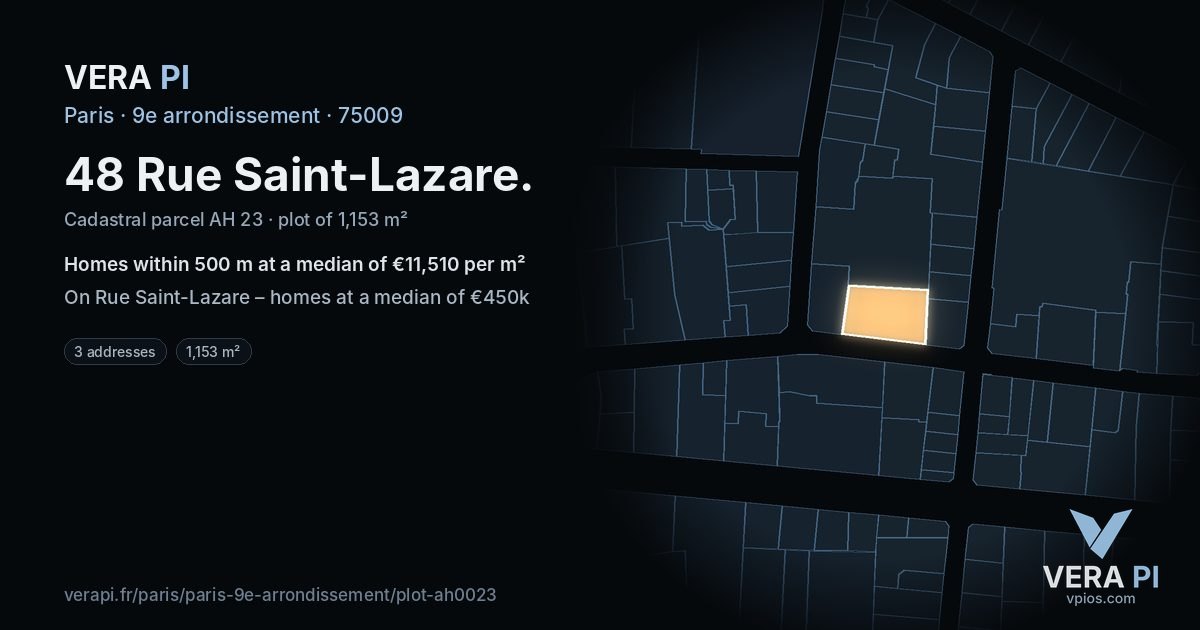 48 Rue Saint-Lazare, 9e arrondissement at night – the plot lit, the parcels around coloured by the prices near them