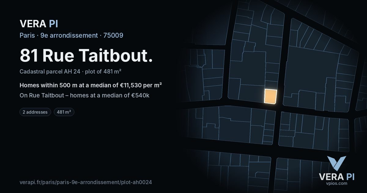 81 Rue Taitbout, 9e arrondissement at night – the plot lit, the parcels around coloured by the prices near them