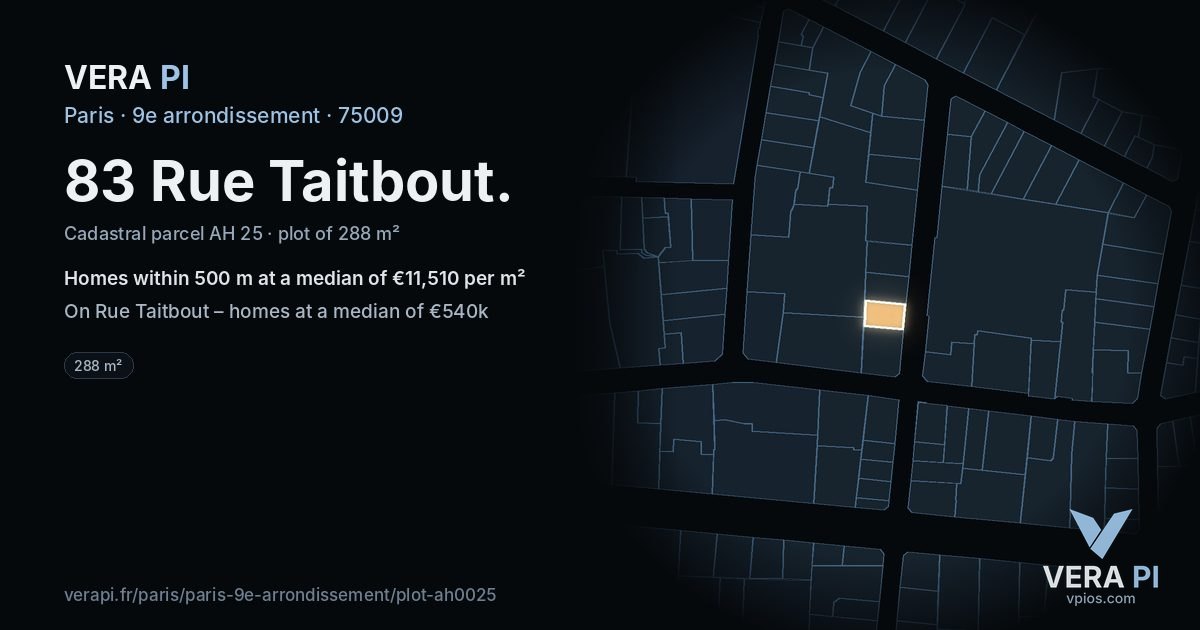 83 Rue Taitbout, 9e arrondissement at night – the plot lit, the parcels around coloured by the prices near them