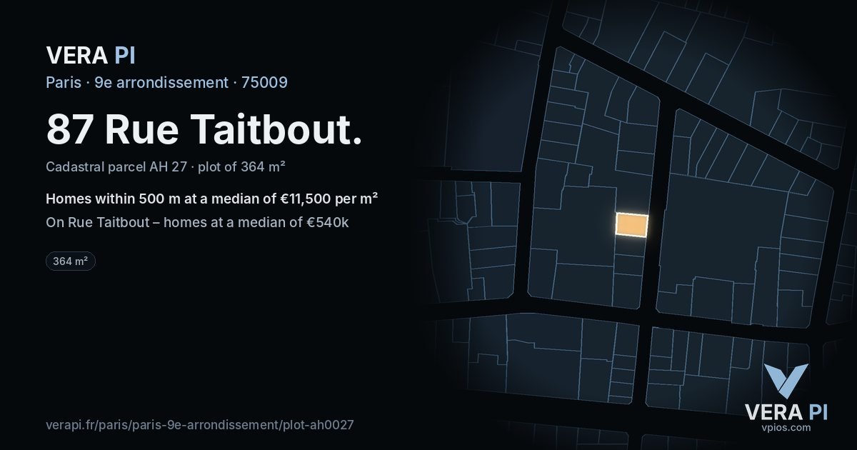 87 Rue Taitbout, 9e arrondissement at night – the plot lit, the parcels around coloured by the prices near them