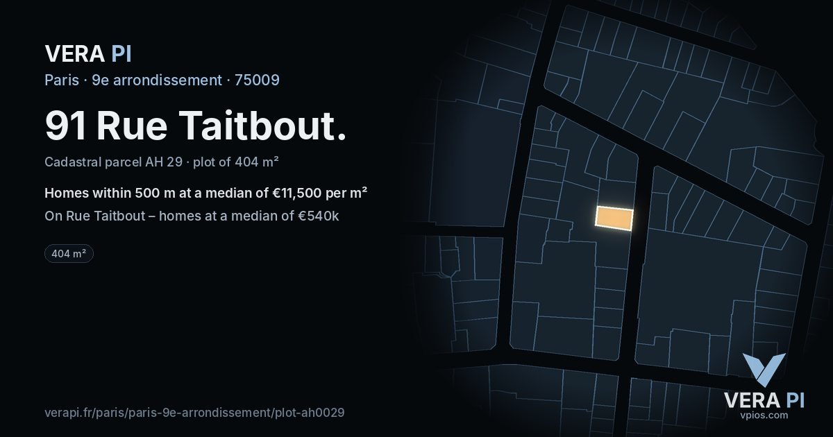 91 Rue Taitbout, 9e arrondissement at night – the plot lit, the parcels around coloured by the prices near them