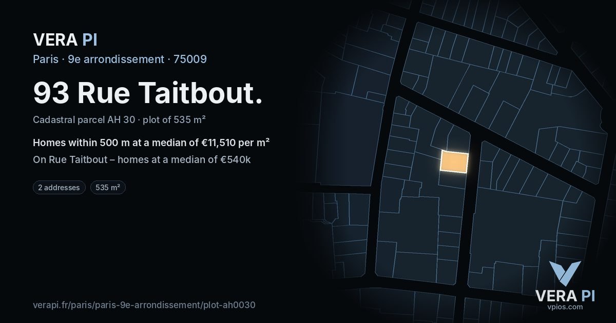 93 Rue Taitbout, 9e arrondissement at night – the plot lit, the parcels around coloured by the prices near them