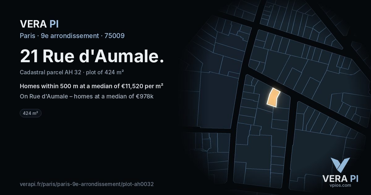 21 Rue d'Aumale, 9e arrondissement at night – the plot lit, the parcels around coloured by the prices near them