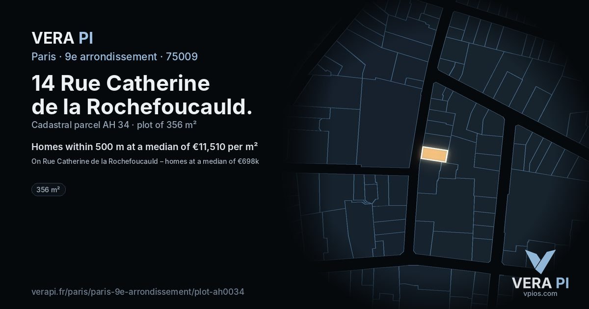 14 Rue Catherine de la Rochefoucauld, 9e arrondissement at night – the plot lit, the parcels around coloured by the prices near them