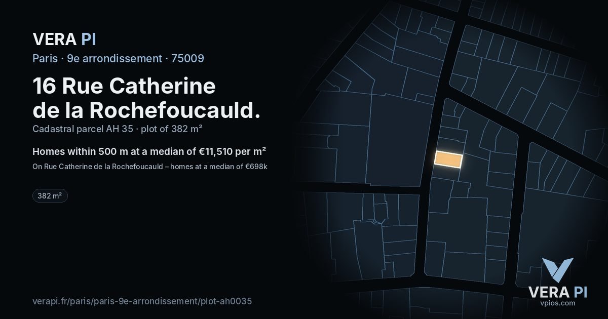 16 Rue Catherine de la Rochefoucauld, 9e arrondissement at night – the plot lit, the parcels around coloured by the prices near them