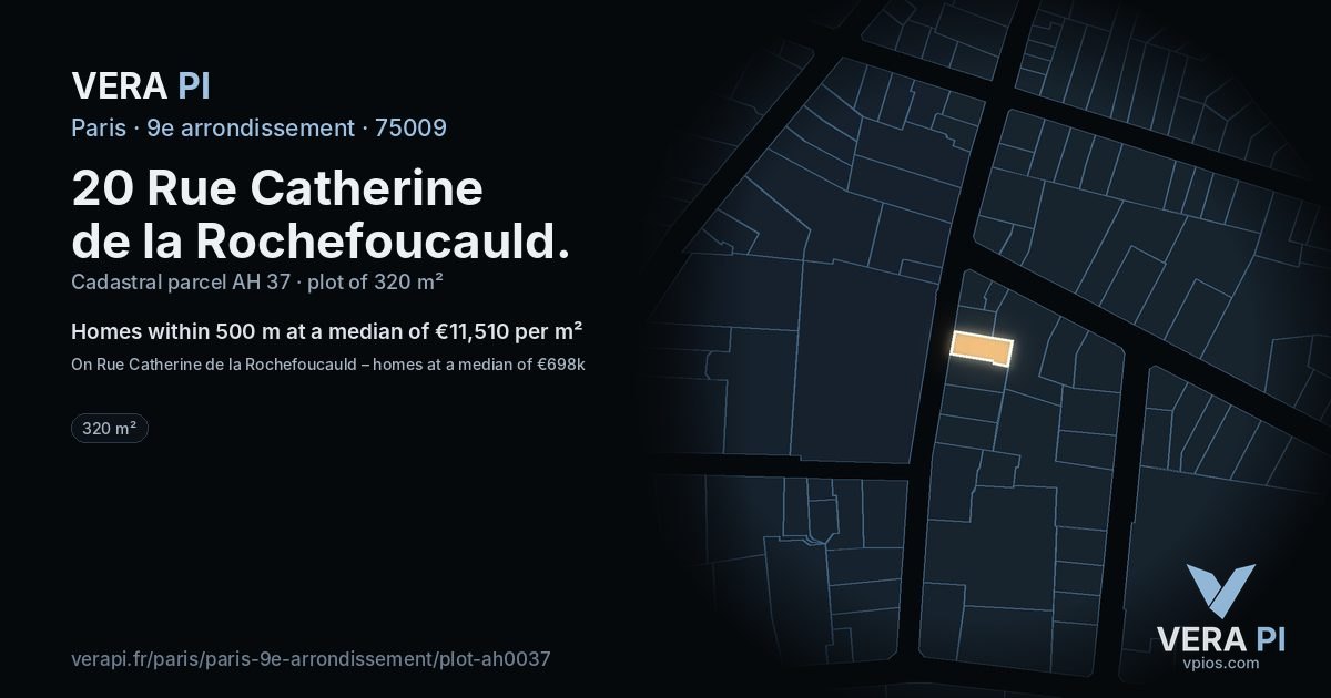 20 Rue Catherine de la Rochefoucauld, 9e arrondissement at night – the plot lit, the parcels around coloured by the prices near them